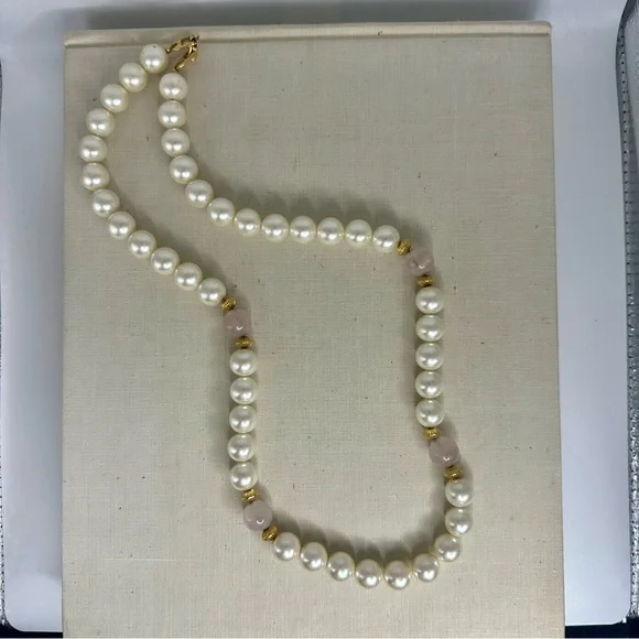 Vintage Napier Faux Pearl w Pink Quartz Beaded Necklace - Picture 2 of 4